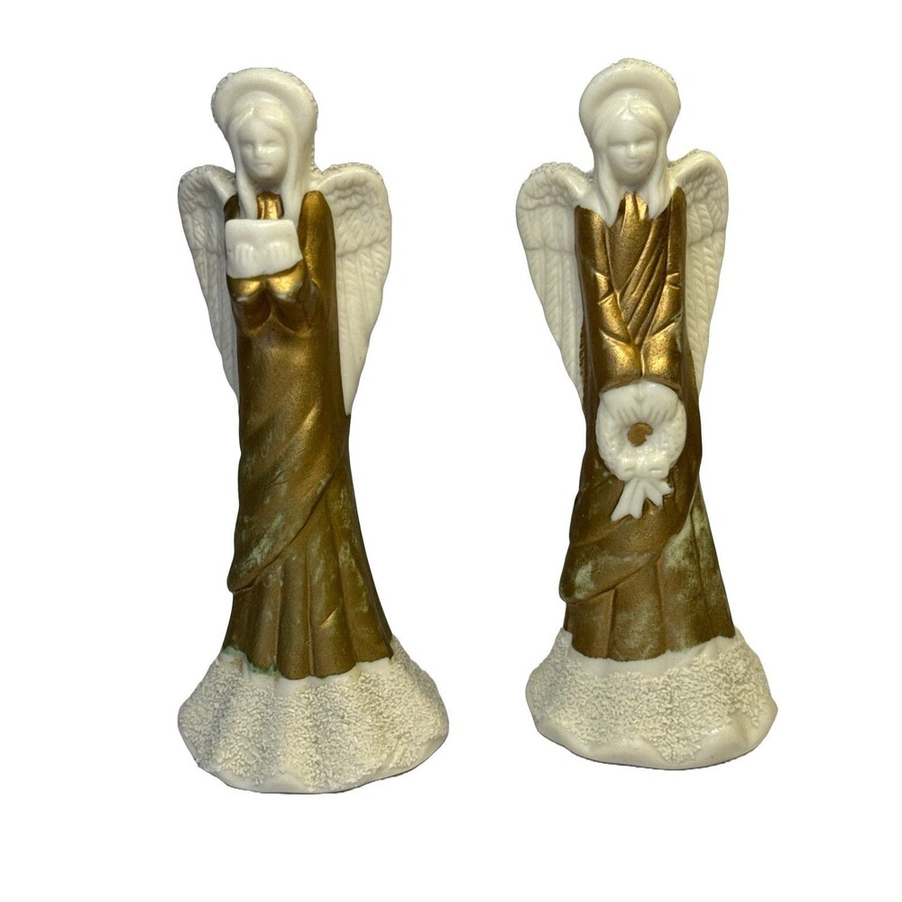 Set of 2 Ceramic Angel Bells – White & Gold Christmas Figurines – Holiday Decor
